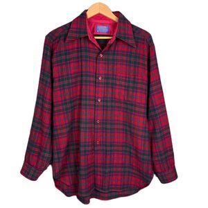 Pendleton Men L Red Plaid Wool Flannel Shirt‎ USA Made Vintage Heritage Outdoors